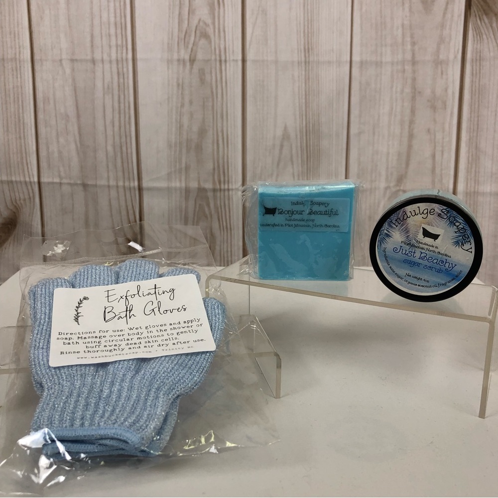 Sugar Scrub, Handmade Soap, Exfoliating Gloves Bundle